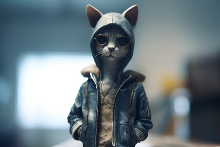 close-up of a cat figurine in a leather jacket and sunglassesの素材