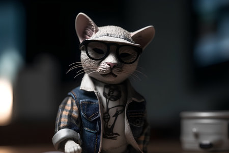 Hipster cat with glasses and a jacket on a dark backgroundの素材
