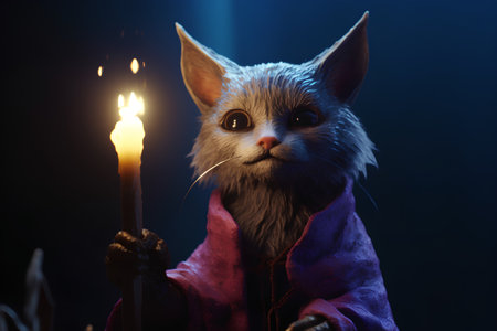 Cute cat in the wizarding costume holding a burning candle.の素材