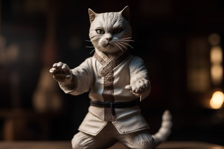 Cute cat figurine in the form of a karate fighterの素材
