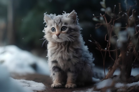 siberian kitten sitting on the snow and looking at the cameraの素材