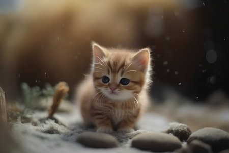 Cute little ginger kitten with blue eyes playing in the snow.の素材