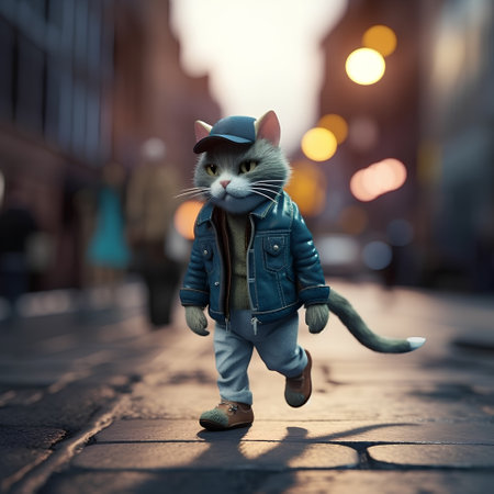 Funny cat walking on the street in the evening at sunset.の素材