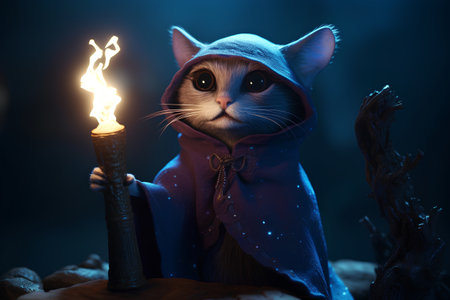 Fantasy scene with a cat in a hood and a burning torchの素材