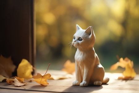 Cute cat sitting on wooden table with autumn leaves. Selective focus.の素材