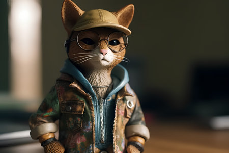 Hipster cat wearing a baseball cap and sunglasses with a leather jacketの素材