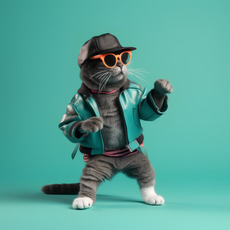 Funny cat in sunglasses and a leather jacket on a green background.の素材