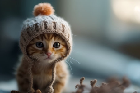 Cute little kitten in a knitted hat on a blurred backgroundの素材