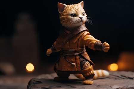 ginger cat in a costume on the background of the night cityの素材