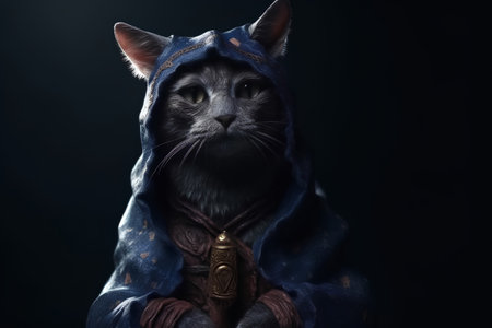 Portrait of a black cat in a hood on a black backgroundの素材