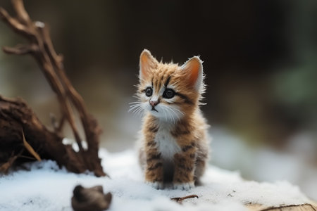 Little kitten in the snow on a background of the winter forest.の素材