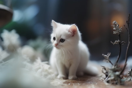 White kitten with blue eyes on a wooden table. Selective focus.の素材