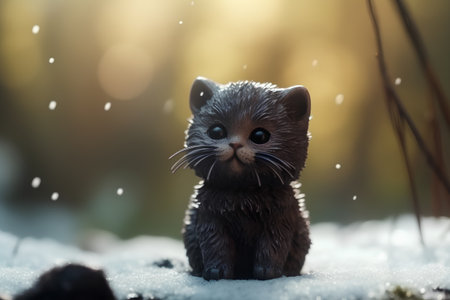 toy cat in the snow in the forest on a cold winter dayの素材