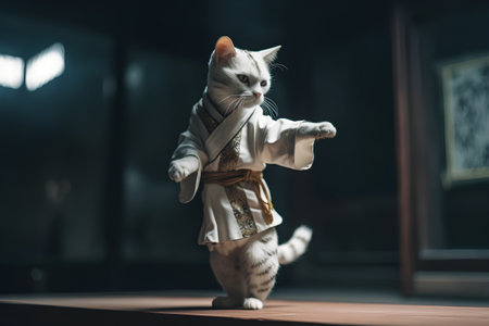 Kung fu master with a white cat in a kimonoの素材