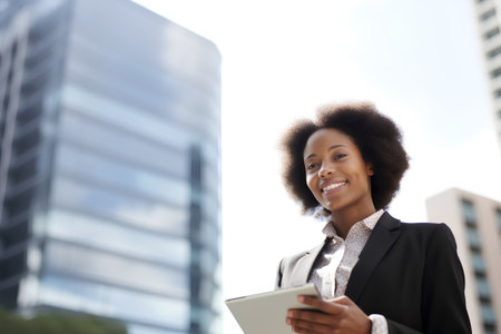 Portrait of young african american businesswoman using digital tabletの素材