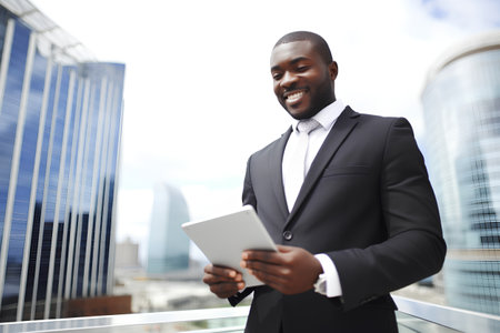 Portrait of a smiling african american businessman using digital tabletの素材