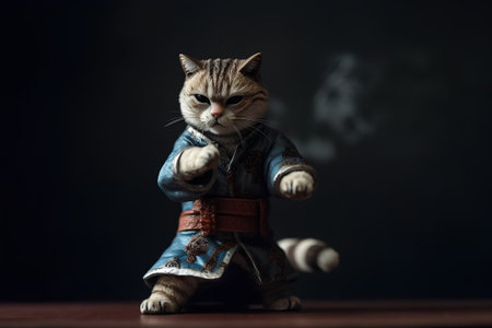 Cute cat dressed as a kung fu master on dark backgroundの素材