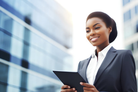 business, education and office concept - smiling african american businesswoman with clipboard over office building backgroundの素材