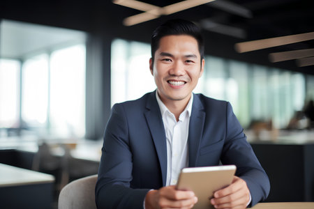 Portrait of happy asian businessman using digital tablet in cafe.の素材