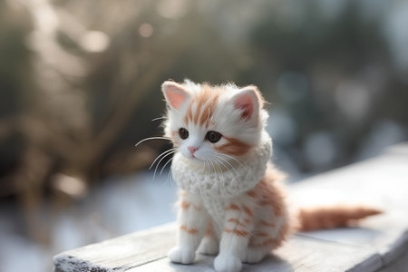 Red kitten with white fur on the background of the winter landscape.の素材