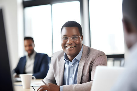 Smiling african-american businessman sitting at desk in officeの素材