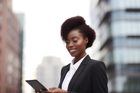 Portrait of a young african businesswoman using tablet computer outdoorsの素材