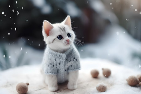 White kitten with blue eyes in a knitted sweater on the background of snowの素材