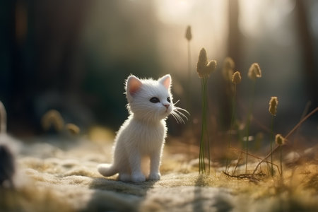 Little white kitten in the forest at sunset. Shallow depth of field.の素材