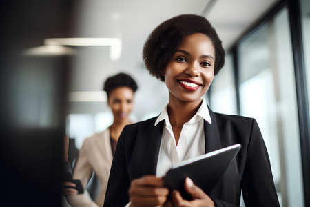 Portrait of smiling african american businesswoman using digital tablet in officeの素材