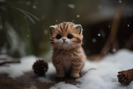 Cute cat sitting in the snow. Selective focus on cat.の素材