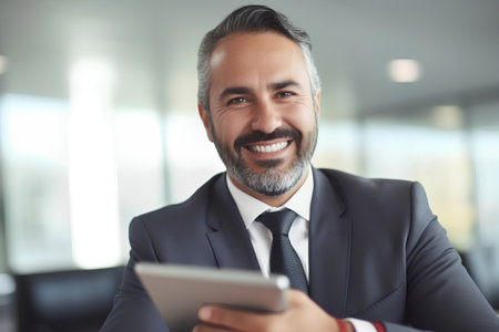 Portrait of smiling mature businessman using digital tablet in office. Mature man in formalwear looking at camera and smiling. Technology conceptの素材