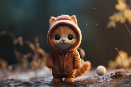 Cute little cat in warm clothes standing in the autumn forest.の素材