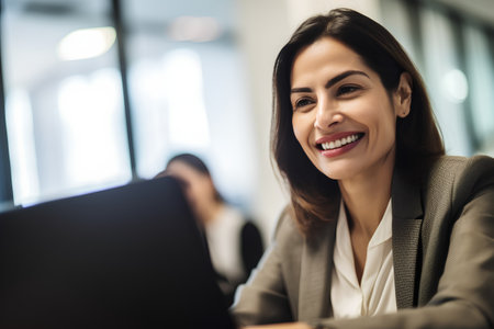 Portrait of a smiling businesswoman working on laptop computer in officeの素材