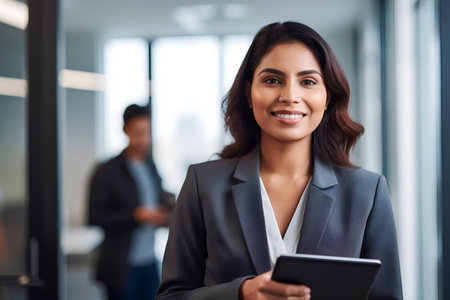 Portrait of smiling businesswoman using digital tablet while standing in officeの素材