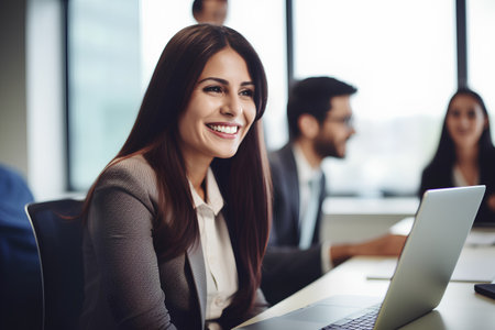 Portrait of smiling businesswoman working with laptop in modern office.の素材