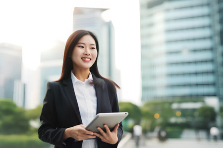 business woman use tablet computer in the city. asian chineseの素材