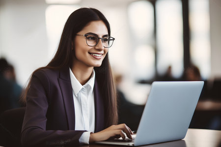 Portrait of happy businesswoman using laptop in office. Smiling businesswoman in eyeglasses looking at camera.の素材