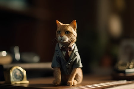 Ginger cat in a business suit and tie on the table.の素材