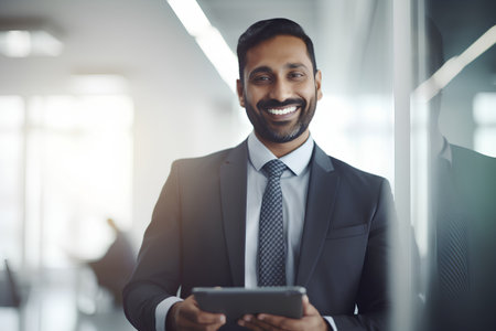 Portrait of smiling businessman using digital tablet in office. Confident young man in formalwear looking at camera and smiling. Business conceptの素材