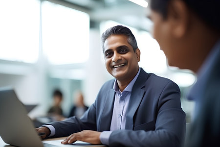 Portrait of smiling Indian male executive sitting at desk and looking at colleagueの素材