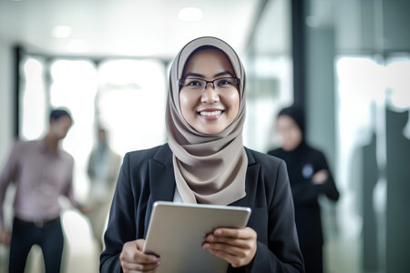 portrait of young muslim businesswoman using tablet computer in officeの素材