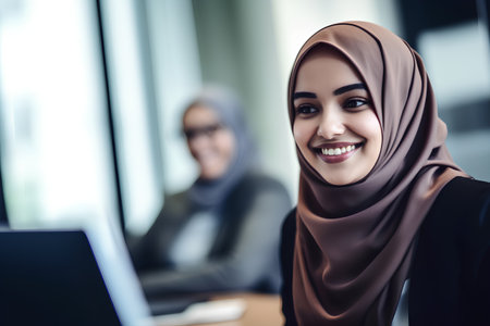 Portrait of muslim businesswoman smiling and looking at camera in officeの素材