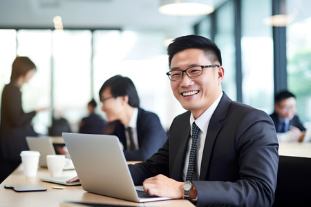 Portrait of happy asian businessman working on laptop computer in officeの素材