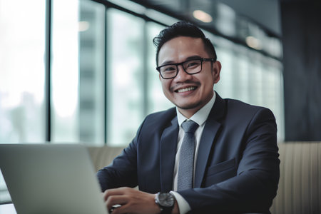 Portrait of smiling asian businessman working on laptop computer in office.の素材