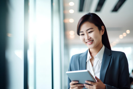 business woman using tablet computer in modern office with city background, asianの素材