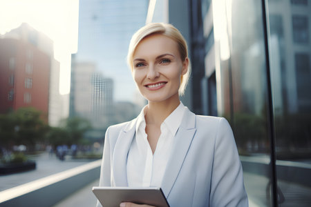 business, technology and people concept - smiling businesswoman with tablet pc computer over office building backgroundの素材