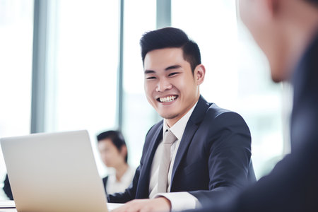 businessman and businesswoman working with laptop computer in modern bright officeの素材