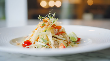 Papaya salad on white plate in restaurant. Selective focus.の素材