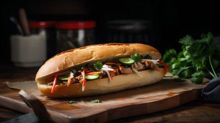 Baguette with pulled pork and vegetables on a wooden board.の素材