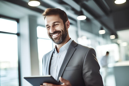 Portrait of a smiling businessman using digital tablet while standing in officeの素材
